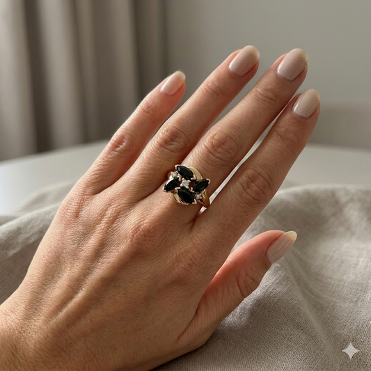 14k Yellow Gold Diamond and Onyx Cluster Ring