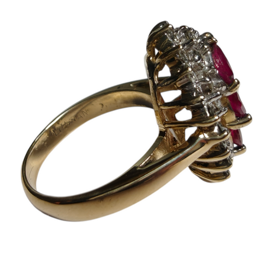 14k Gold Ruby and Diamond Cluster Ring, Size 6