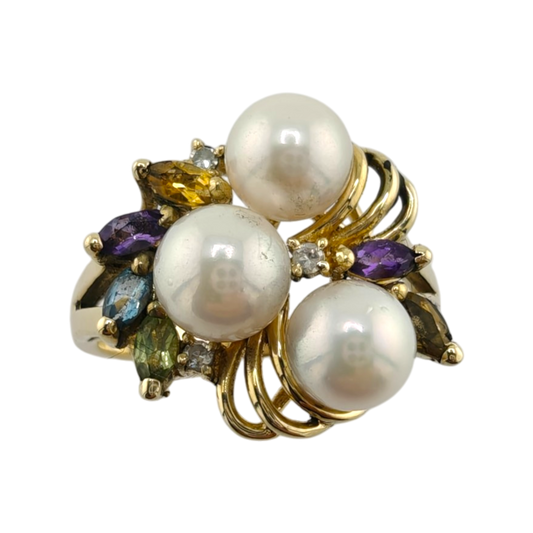 14k Yellow Gold Cocktail Ring with Diamonds, Marquise Stones, and Pearls