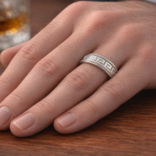 14k White Gold Men's Band Ring with Greek Key Pattern