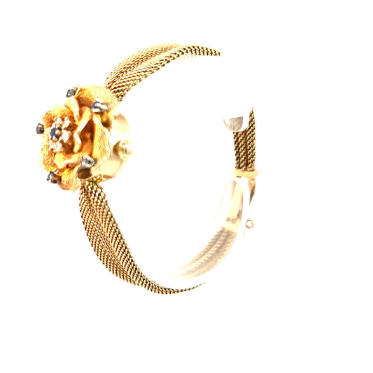 Vintage 14K Yellow Gold Diamond and Blue Sapphire Floral Hidden Watch Bracelet