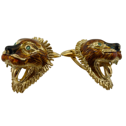 18k Gold Lion Head Cufflinks with Emerald Eyes