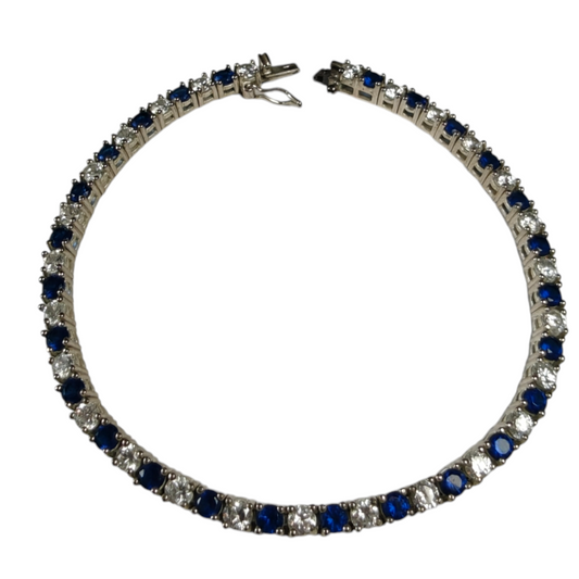 Sterling Silver Tennis Bracelet with White and Blue Cubic Zirconia