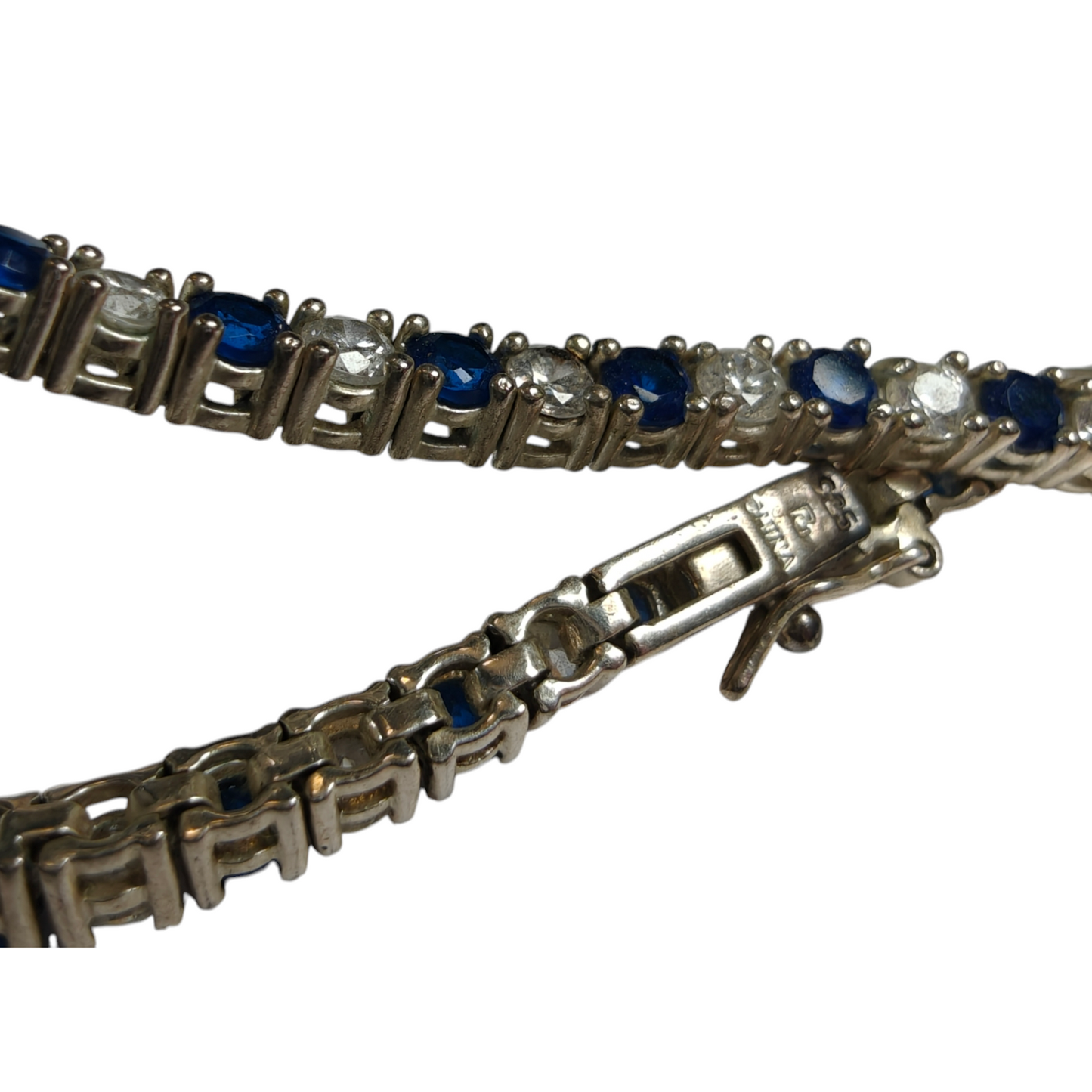 Sterling Silver Tennis Bracelet with White and Blue Cubic Zirconia