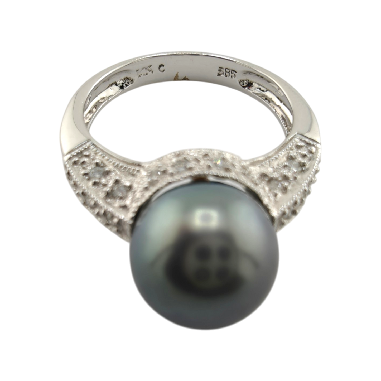 14k White Gold Black Pearl and Diamond Ring