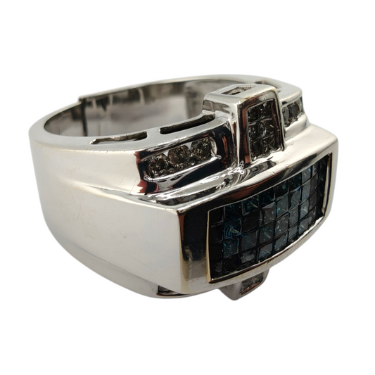 Men's 14K White Gold Blue Diamond-Style and Diamond Ring, Size 11