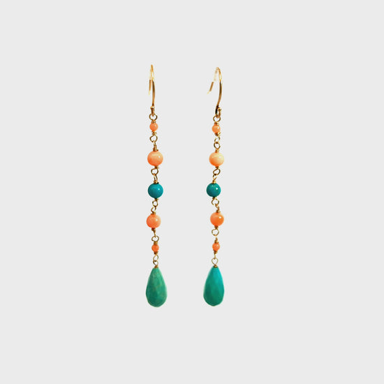 14K Yellow Gold Turquoise and Coral Bead Drop Earrings — video 1 of 1