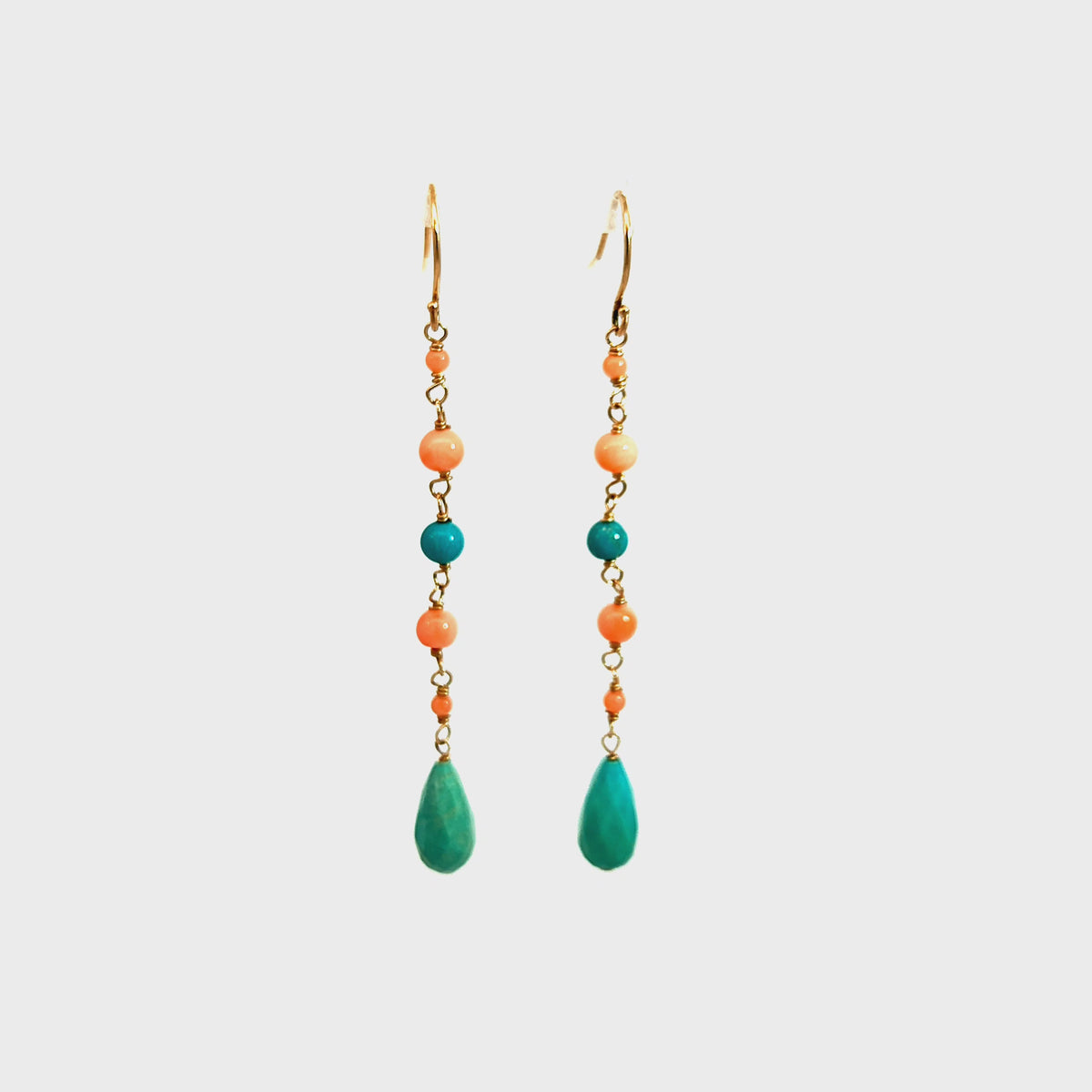 14K Yellow Gold Turquoise and Coral Bead Drop Earrings — video 1 of 1