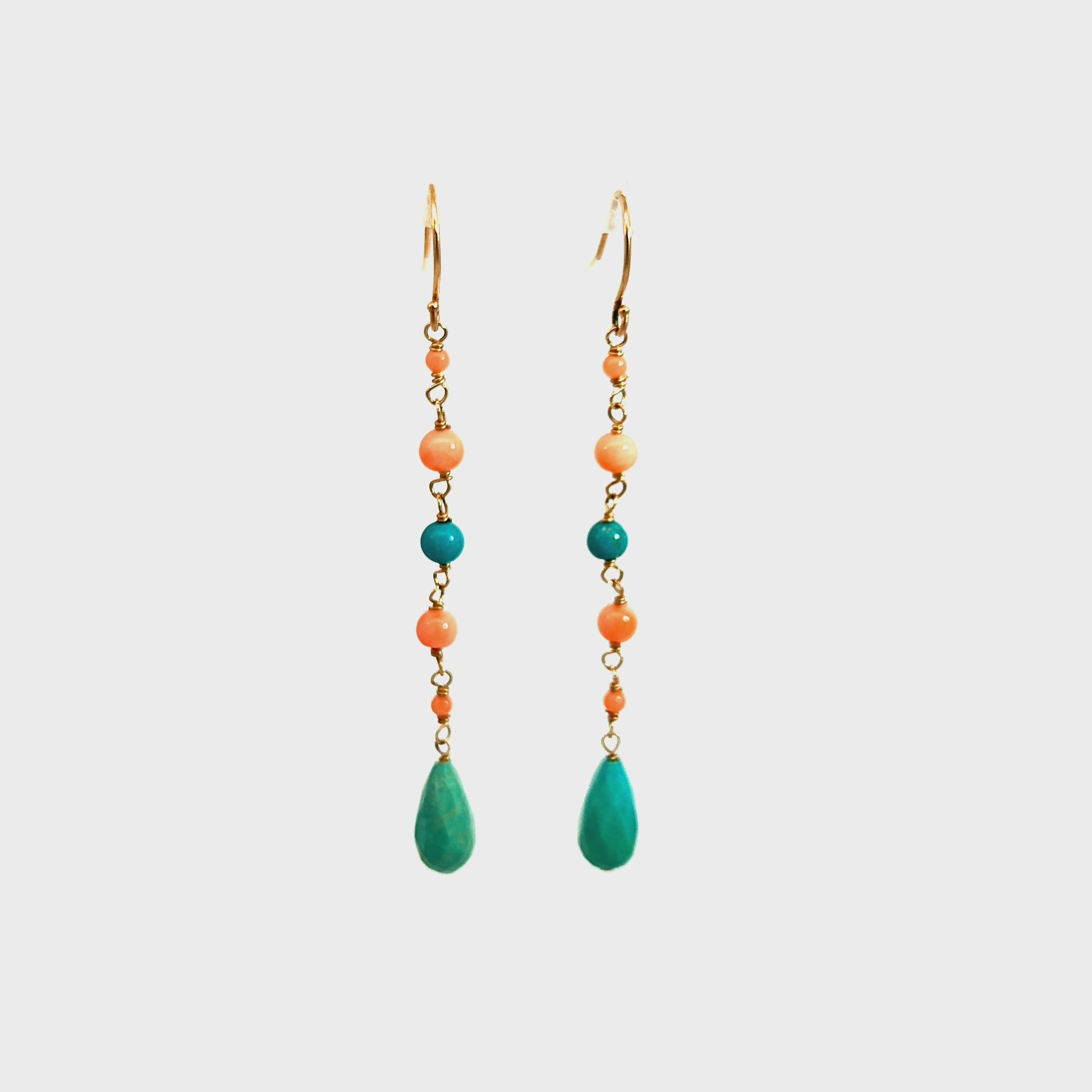 14K Yellow Gold Turquoise and Coral Bead Drop Earrings — video 1 of 1