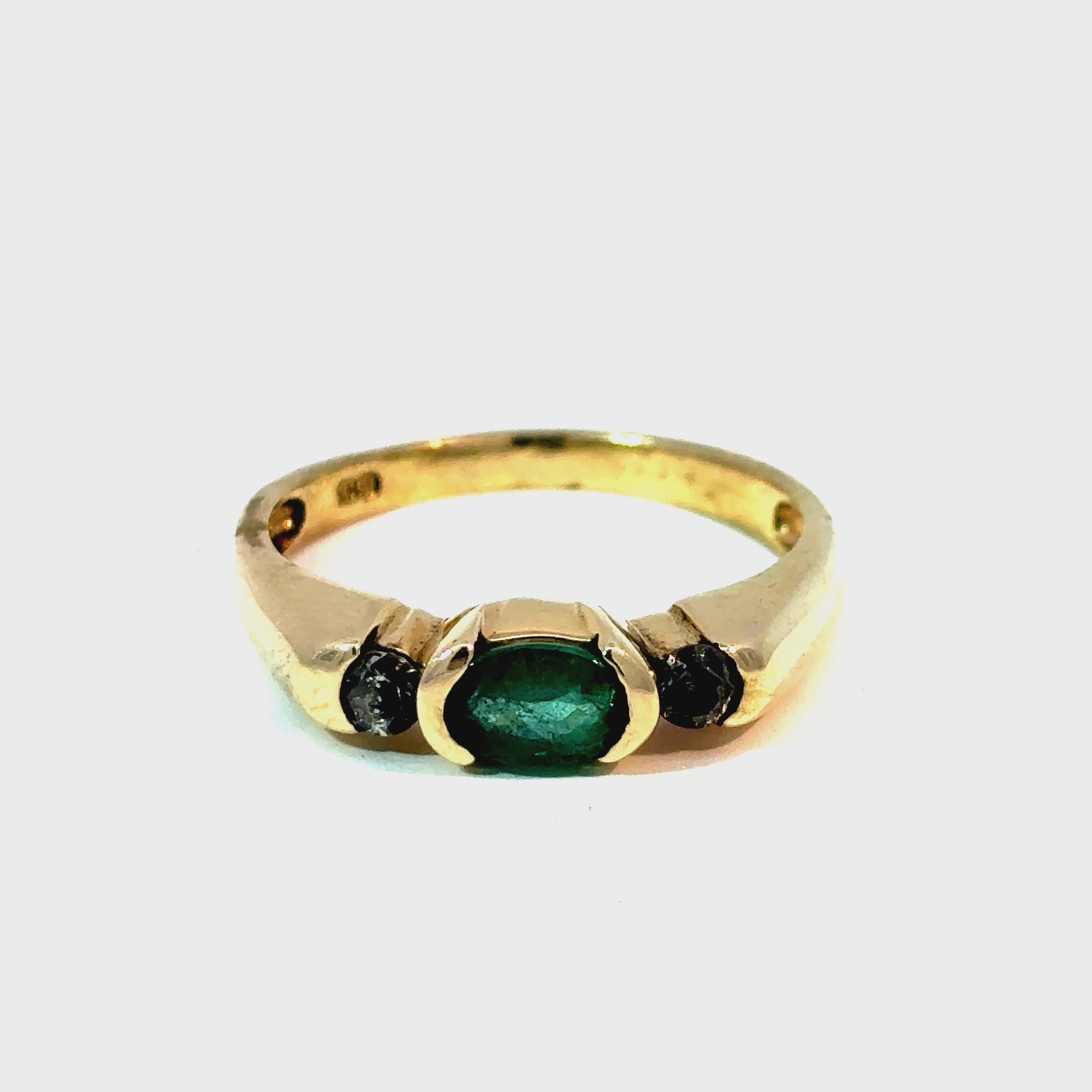 14K Yellow Gold Oval Emerald and Diamond Three-Stone Ring, Size 7 3/4 — video 1 of 1