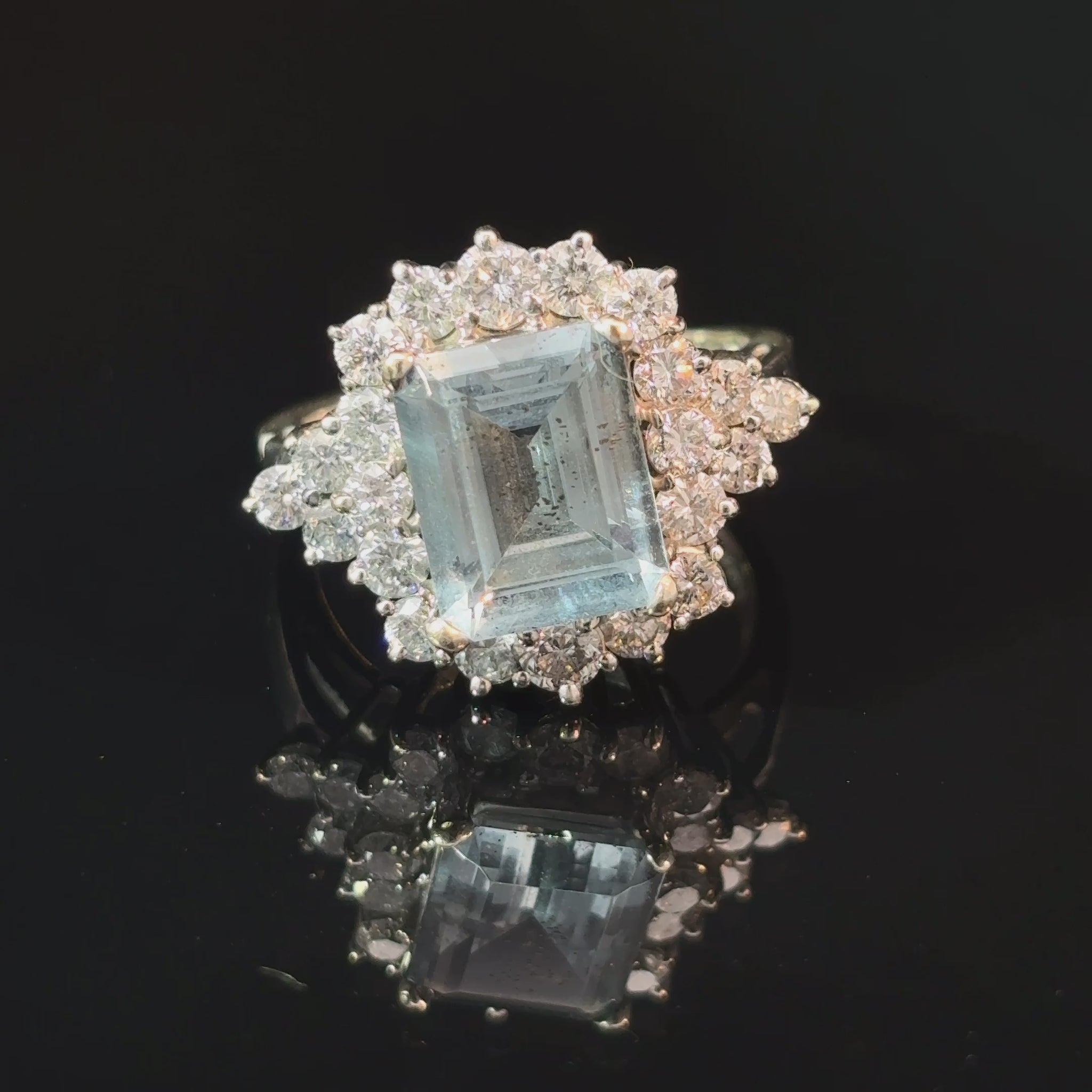 14K White Gold Aquamarine and Diamond Halo Cocktail Ring, Size 7 — video 1 of 1
