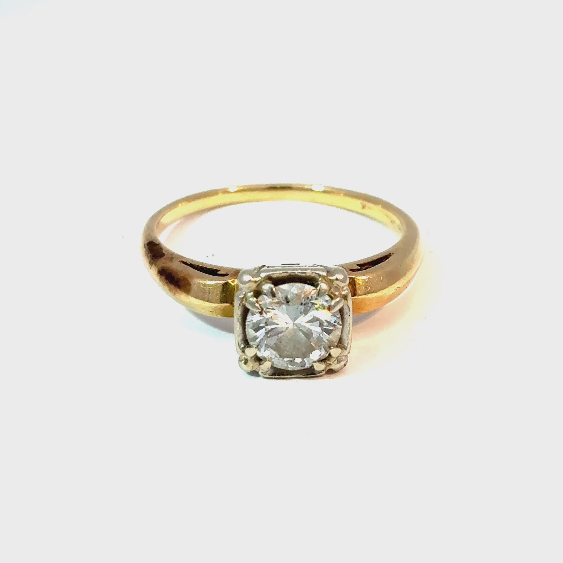 14K Yellow Gold Round Diamond Solitaire Ring with White Metal Head — video 1 of 1