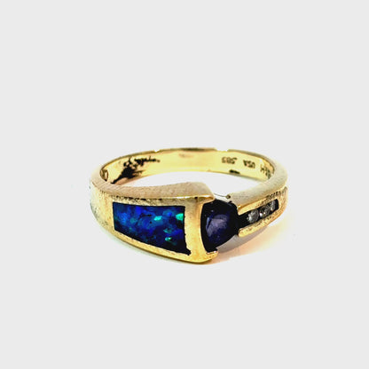 14K Yellow Gold Opal, Tanzanite and Diamond Asymmetrical Bypass Ring — video 1 of 1