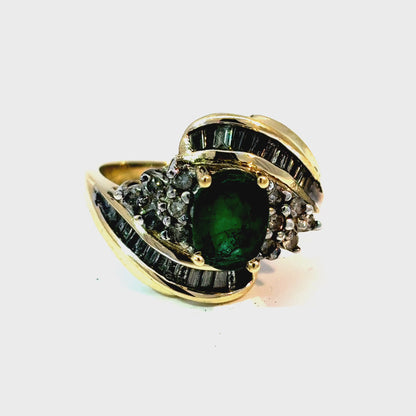 14K Yellow Gold Oval Emerald and Diamond Bypass Ring, Size 7 — video 1 of 1