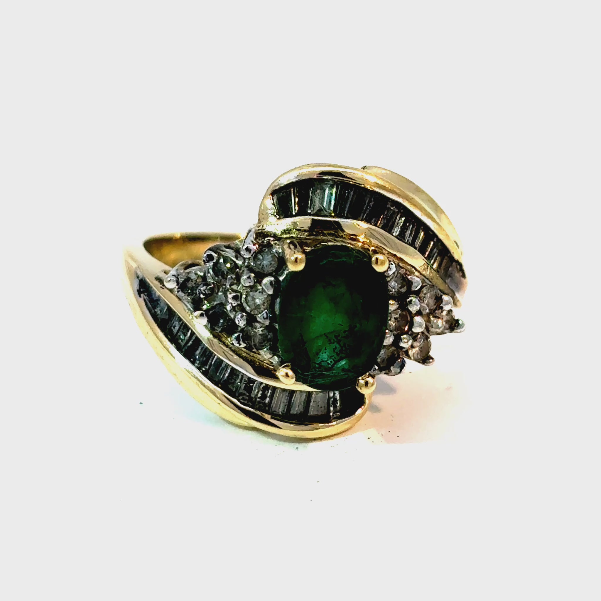 14K Yellow Gold Oval Emerald and Diamond Bypass Ring, Size 7 — video 1 of 1