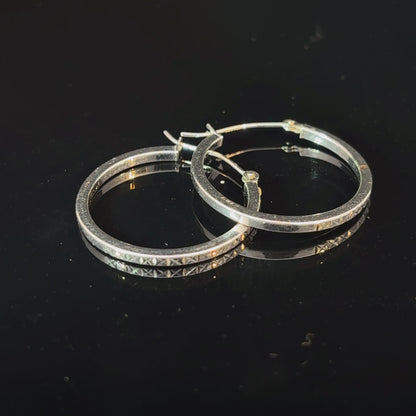 Estate 14k White Gold Engraved Hoop Earrings, 1 Inch — video 1 of 1
