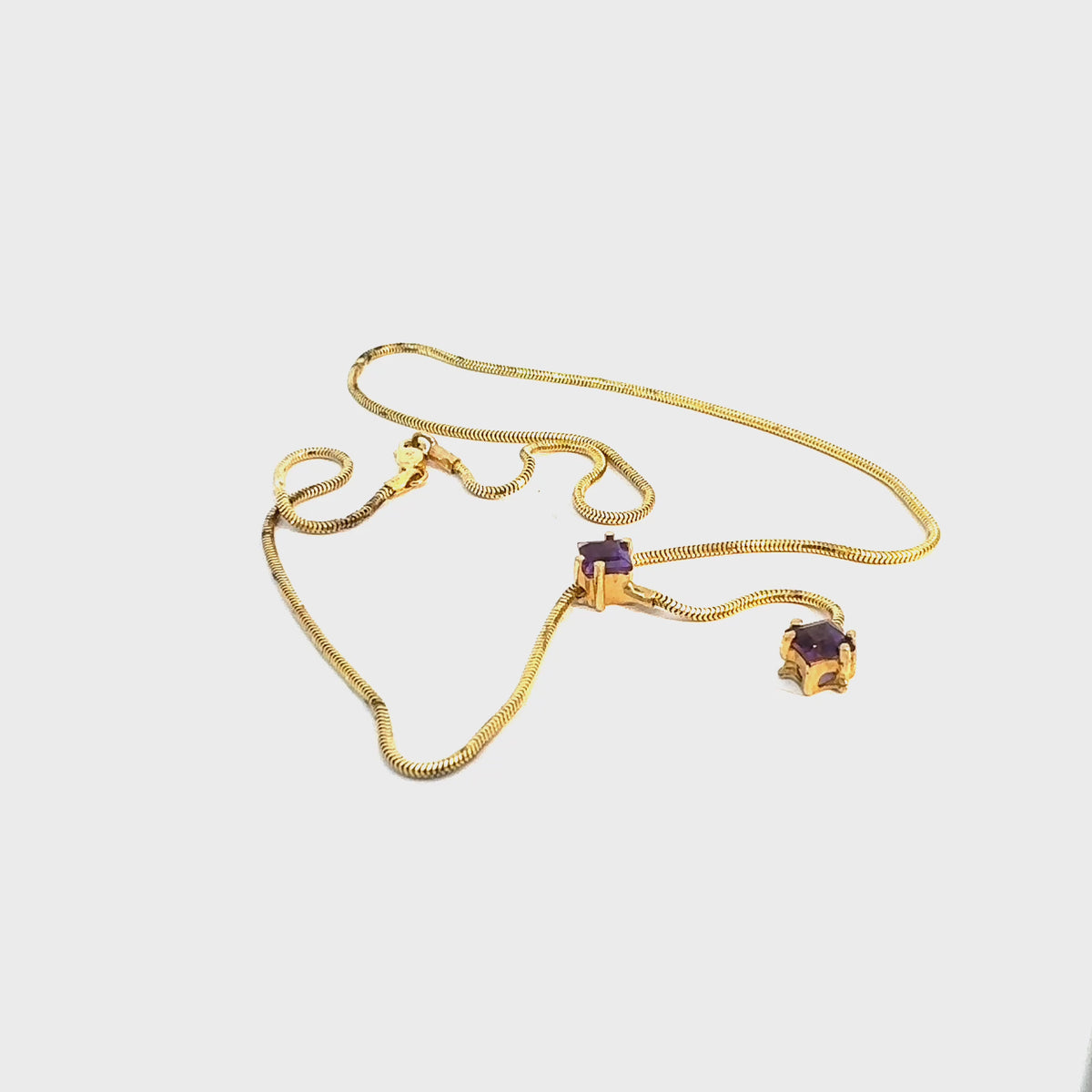 14k Yellow Gold Snake Chain Y-Necklace with Purple Square-Cut Stones — video 1 of 1