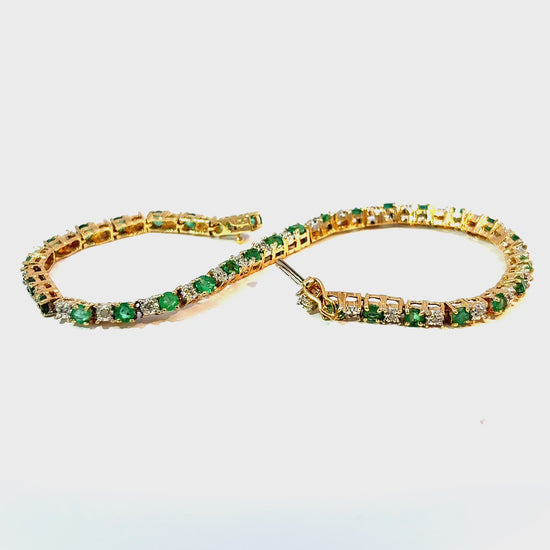 14K Yellow Gold Emerald and Diamond Tennis Bracelet, 7 Inches — video 1 of 1