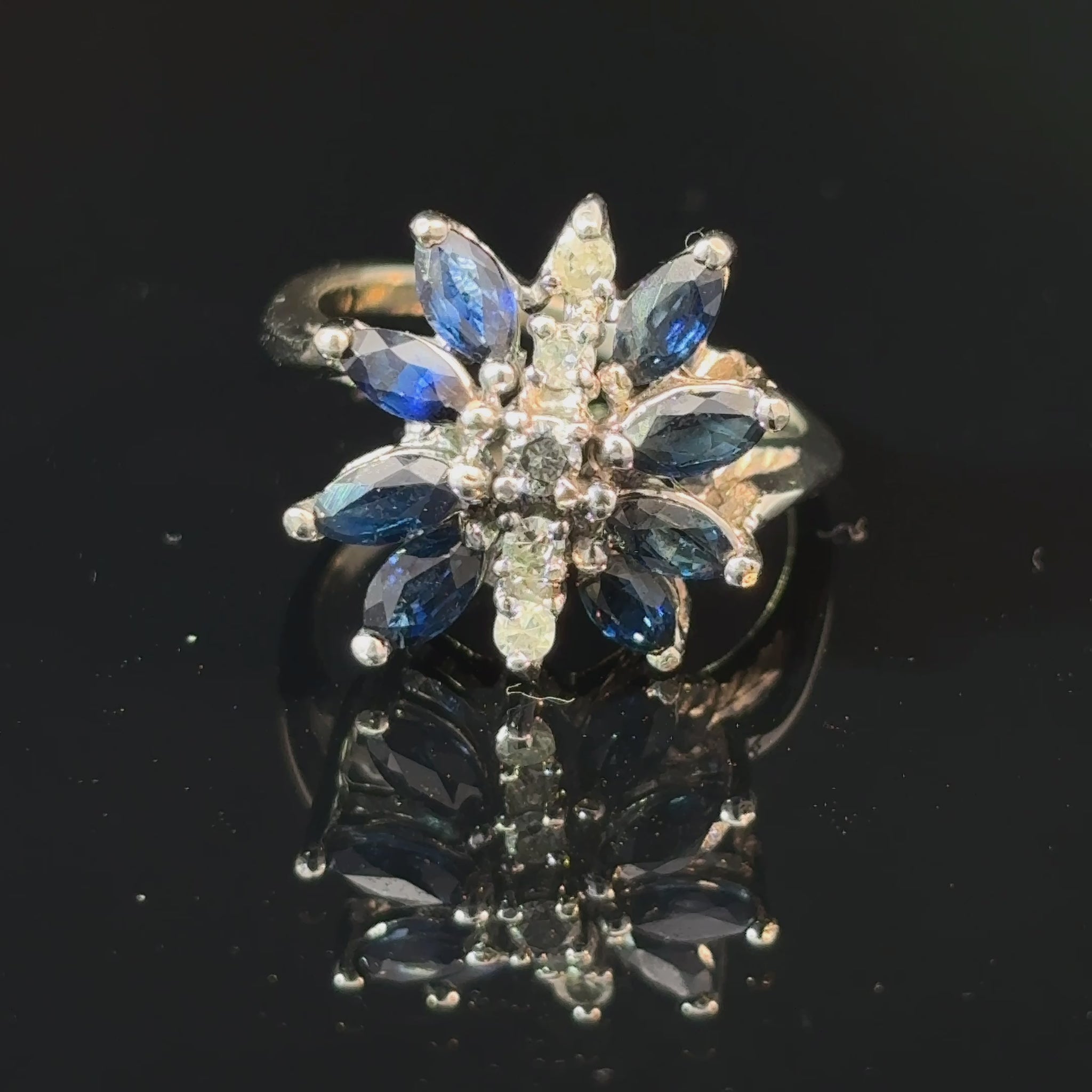 14K White Gold Sapphire and Diamond Floral Cluster Ring, Size 5 1/4 — video 1 of 1