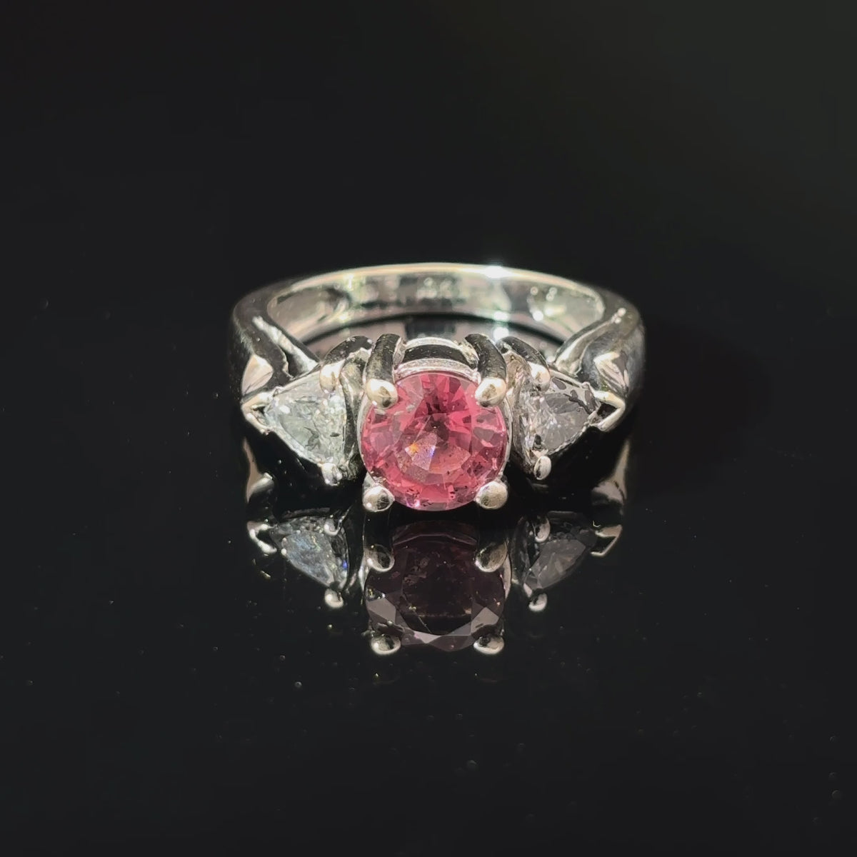 18k White Gold Burgundy Tourmaline and Diamond Three-Stone Ring, Size 5 — video 1 of 1