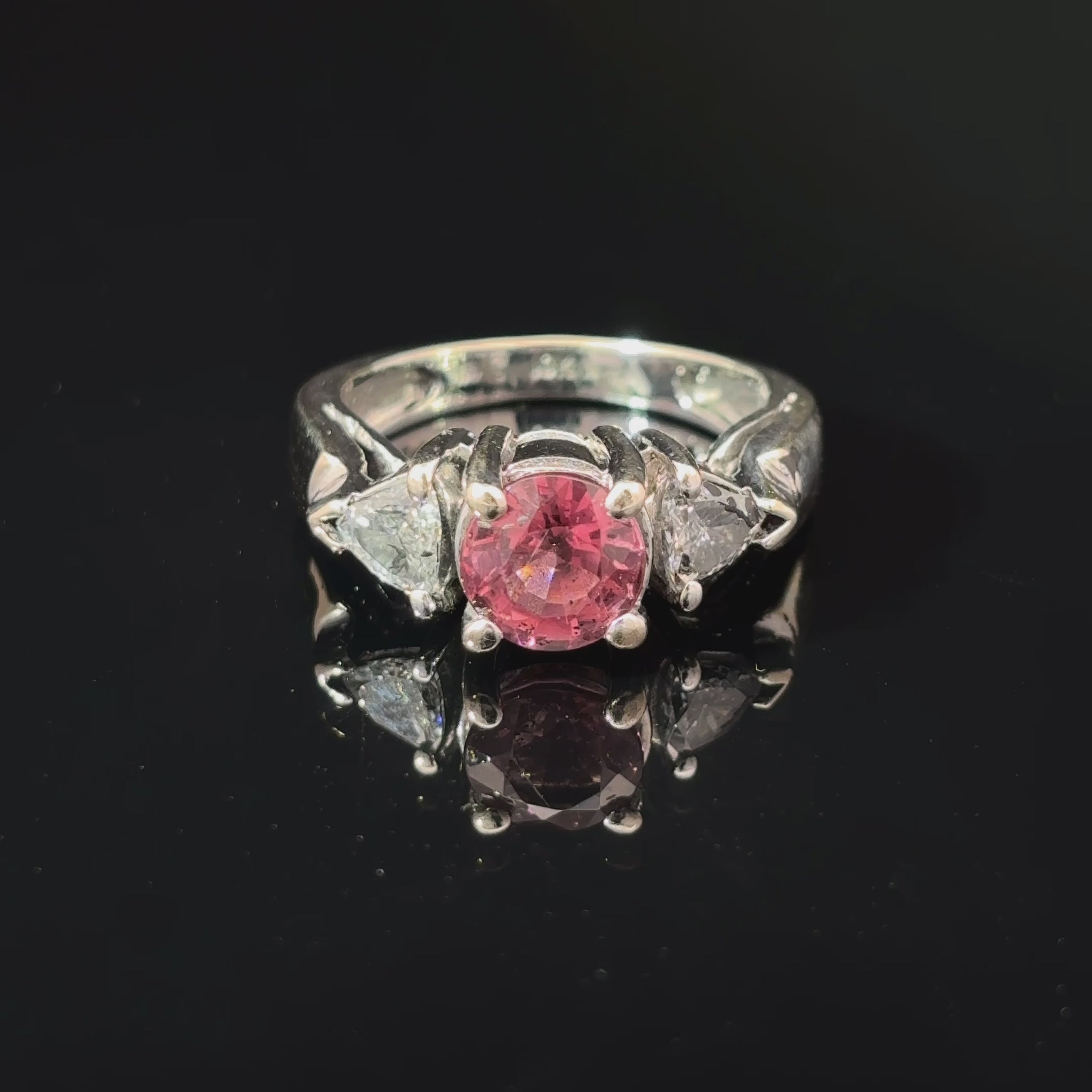 18k White Gold Burgundy Tourmaline and Diamond Three-Stone Ring, Size 5 — video 1 of 1