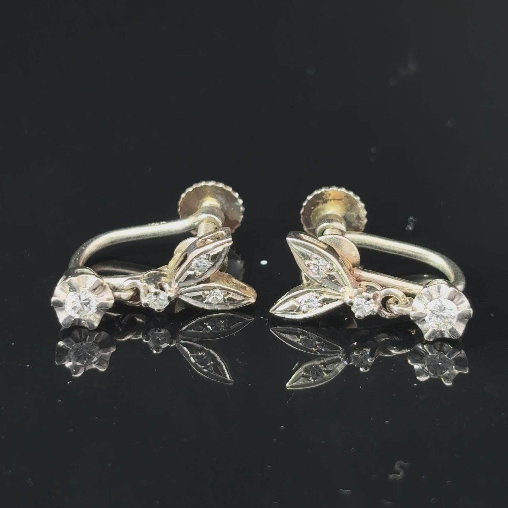 Mid-Century 14K White Gold Diamond Floral Spray Screw-Back Earrings — video 1 of 1