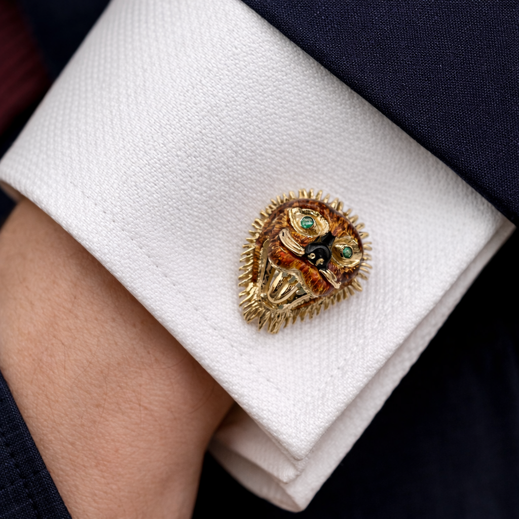 Vintage 18k Gold Lion Cufflinks with Emerald Eyes