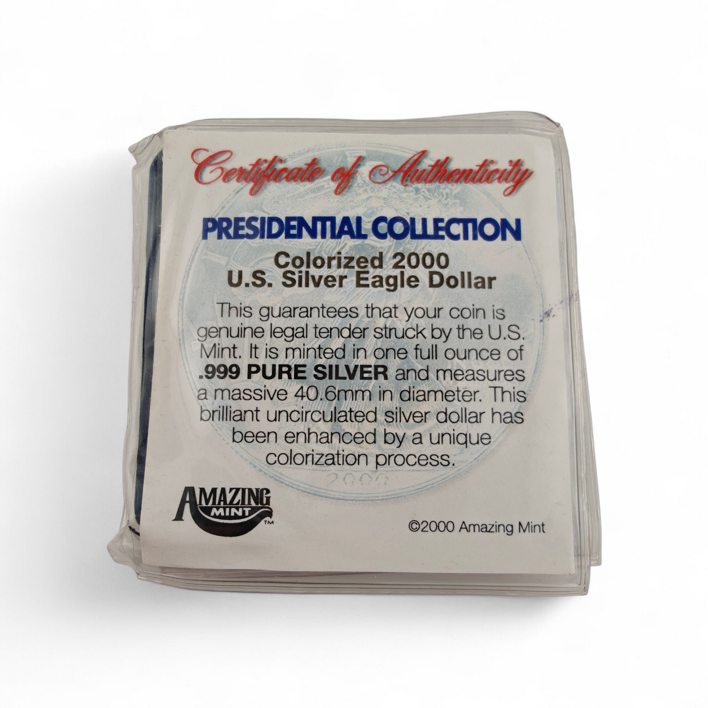 2000 Colorized Silver Eagle Dollar Bush Presidential Collection .999 pure silver