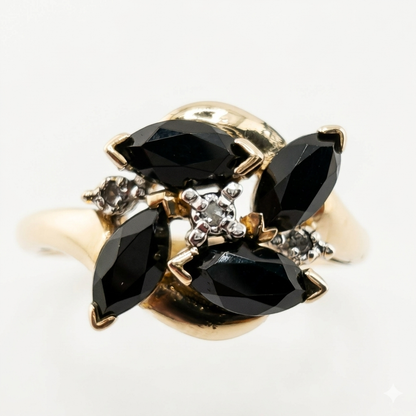 14k Yellow Gold Diamond and Onyx Cluster Ring