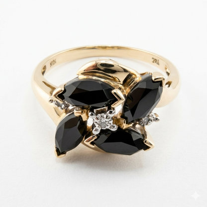 14k Yellow Gold Diamond and Onyx Cluster Ring