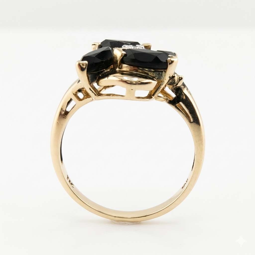14k Yellow Gold Diamond and Onyx Cluster Ring