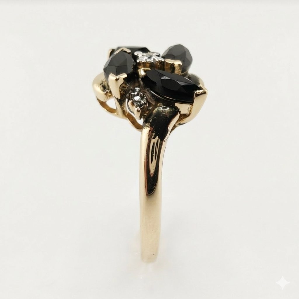 14k Yellow Gold Diamond and Onyx Cluster Ring
