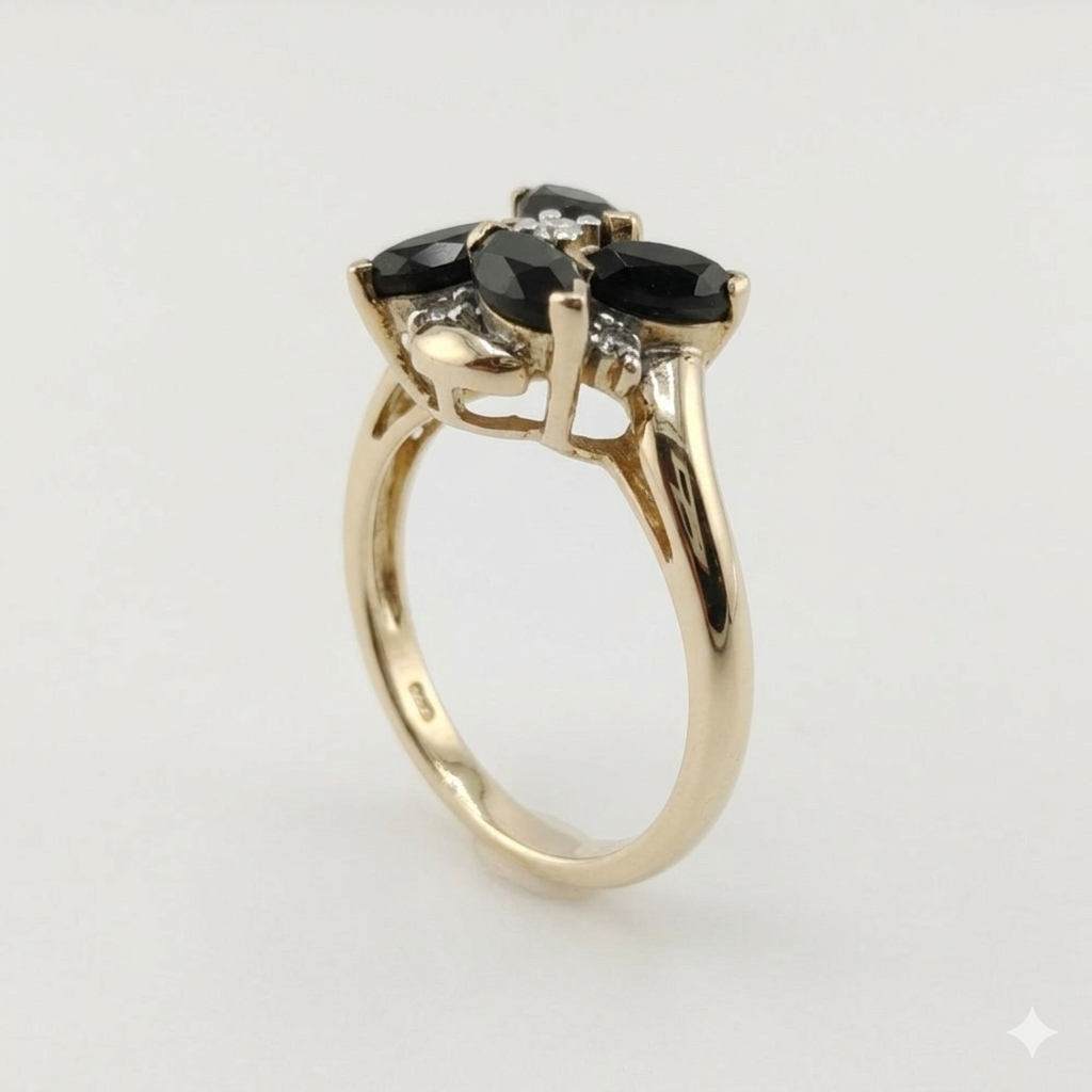 14k Yellow Gold Diamond and Onyx Cluster Ring