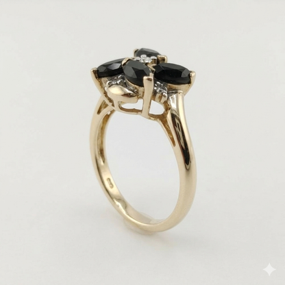 14k Yellow Gold Diamond and Onyx Cluster Ring