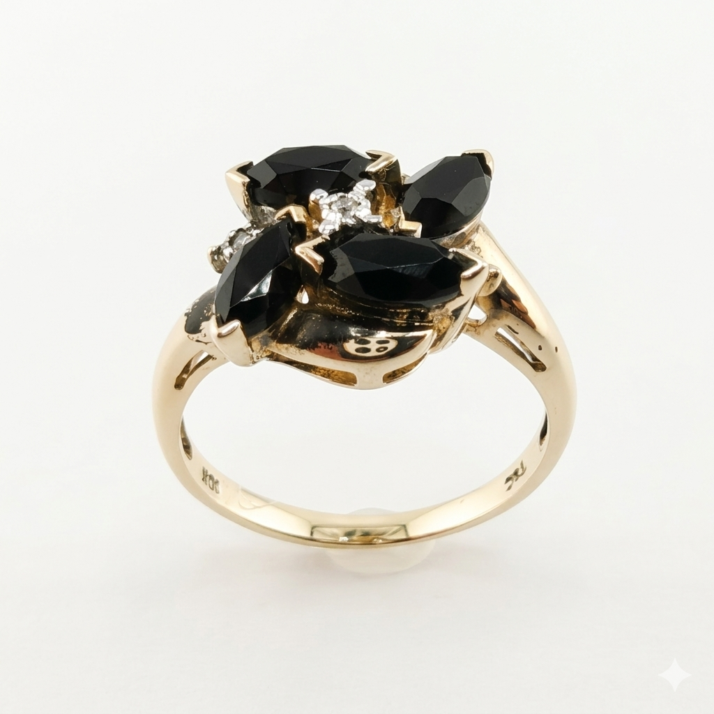14k Yellow Gold Diamond and Onyx Cluster Ring