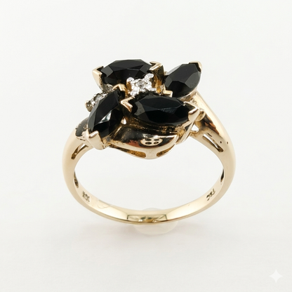 14k Yellow Gold Diamond and Onyx Cluster Ring