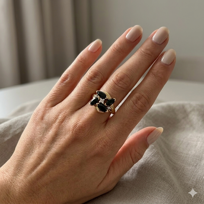 14k Yellow Gold Diamond and Onyx Cluster Ring