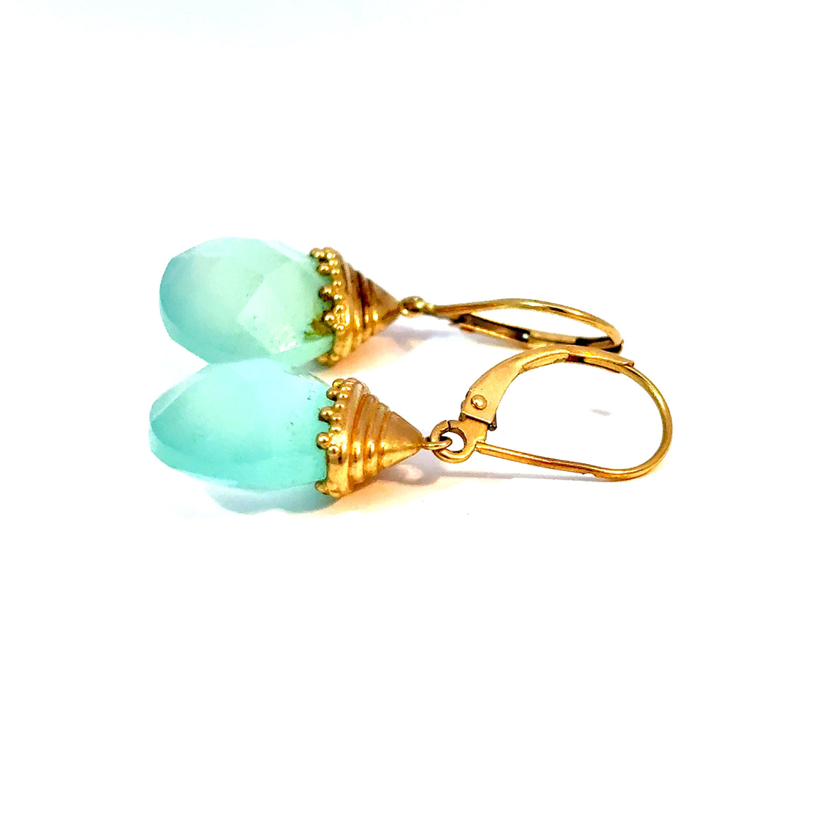 14k Yellow Gold Blue Chalcedony Briolette Drop Earrings — image 2 of 4
