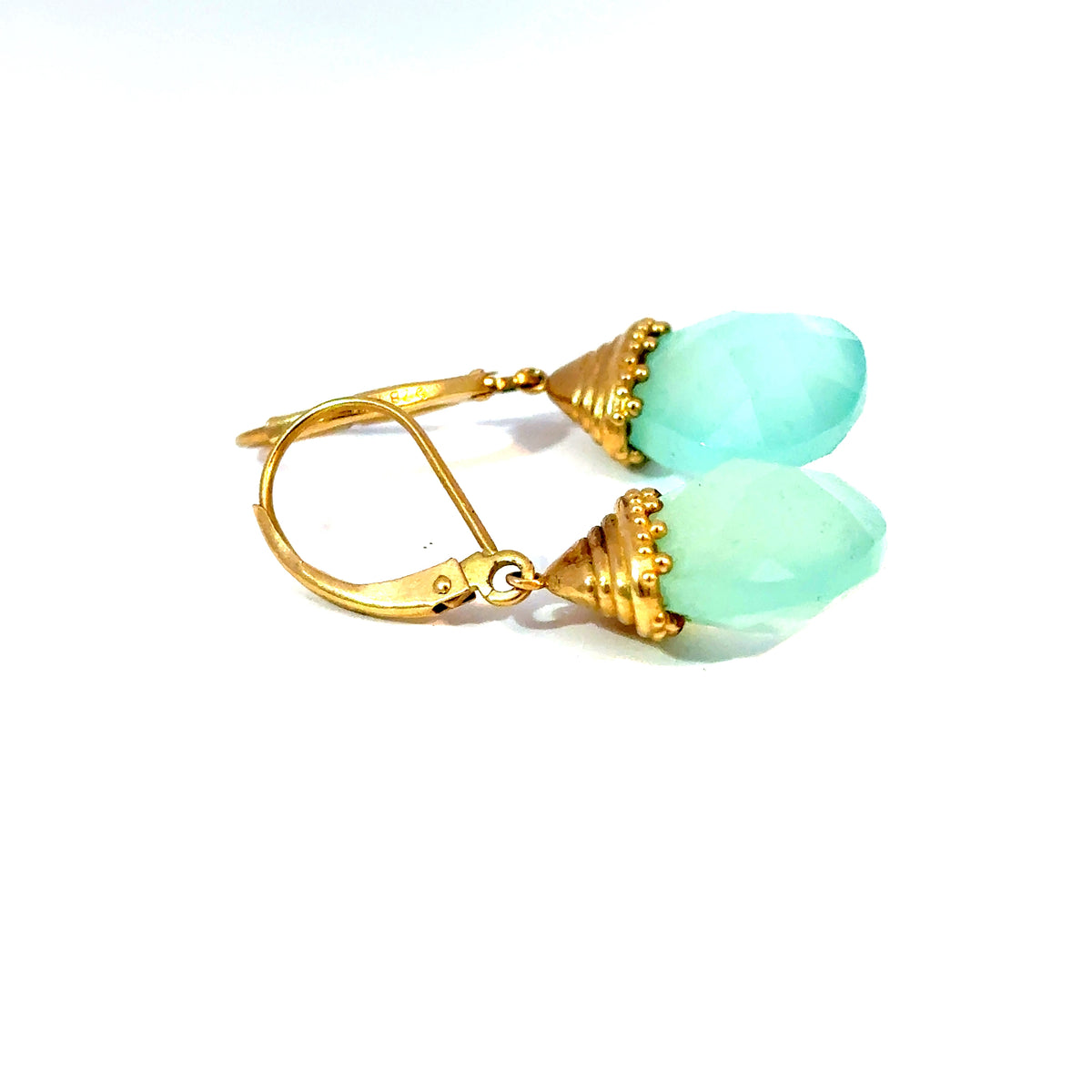 14k Yellow Gold Blue Chalcedony Briolette Drop Earrings — image 4 of 4