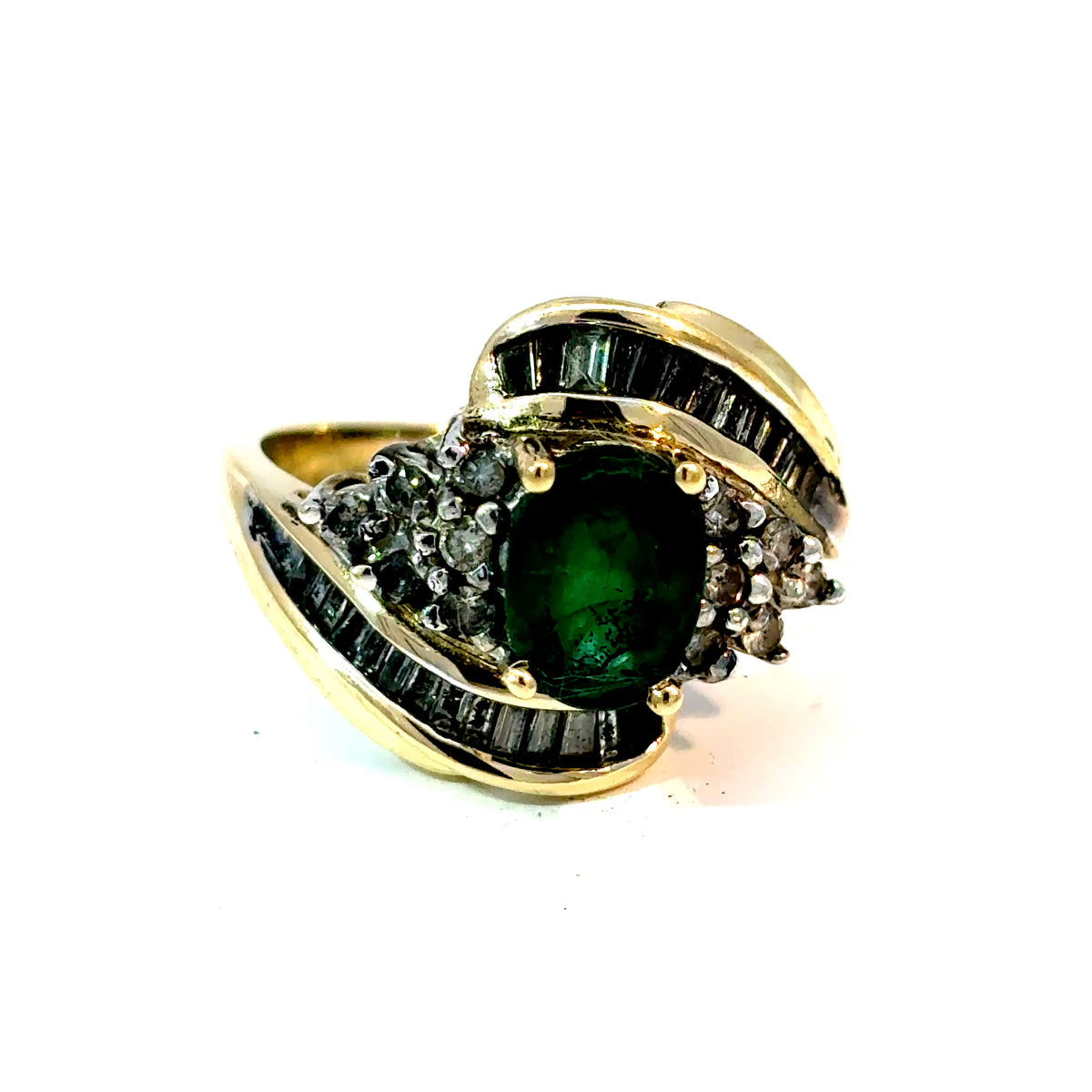 14K Yellow Gold Oval Emerald and Diamond Bypass Ring, Size 7 — image 1 of 4