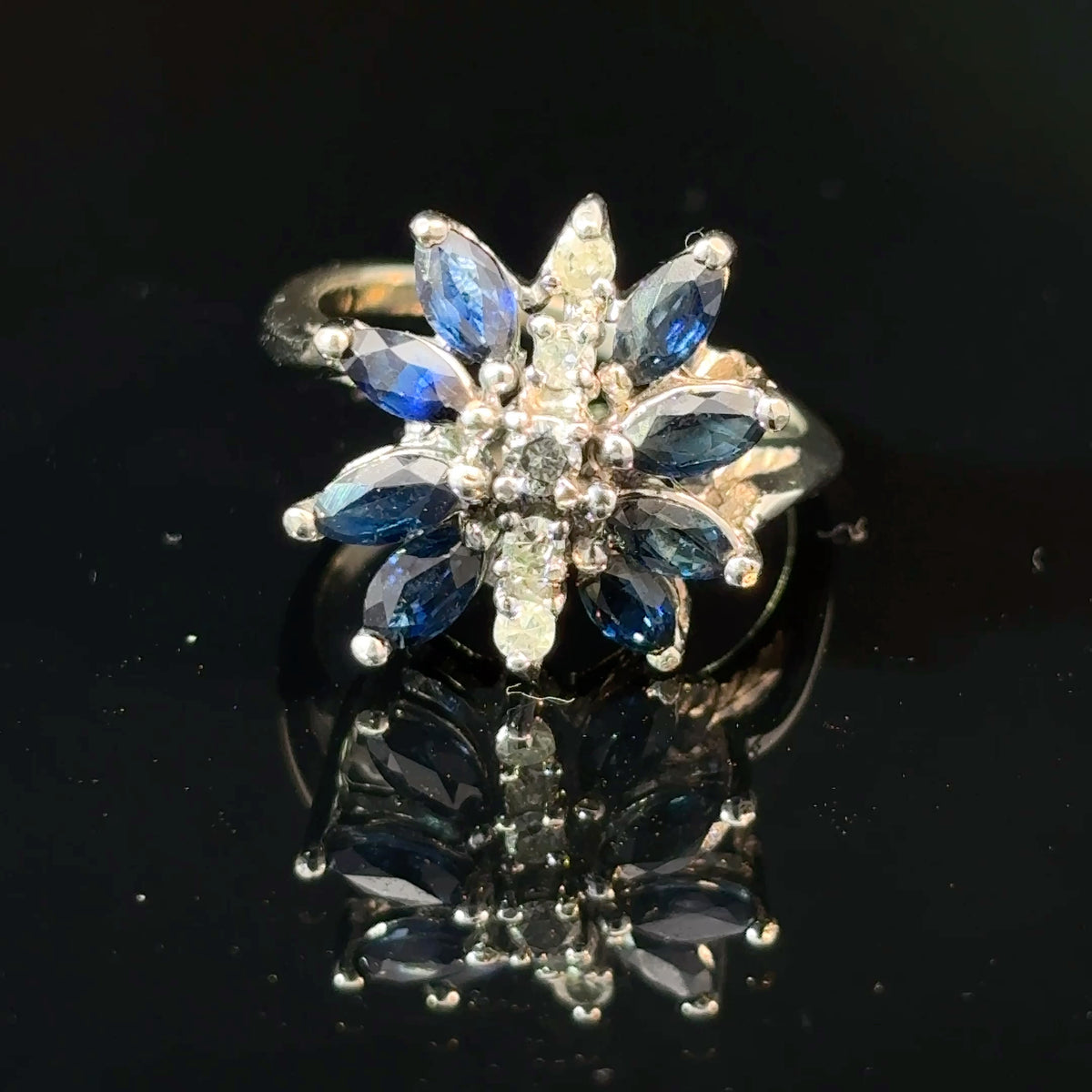 14K White Gold Sapphire and Diamond Floral Cluster Ring, Size 5 1/4 — image 1 of 4