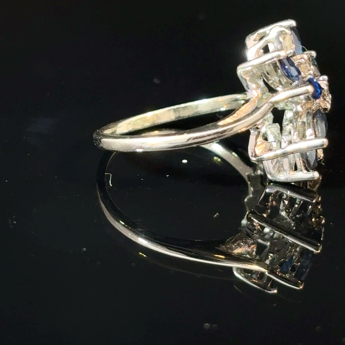 14K White Gold Sapphire and Diamond Floral Cluster Ring, Size 5 1/4 — image 4 of 4