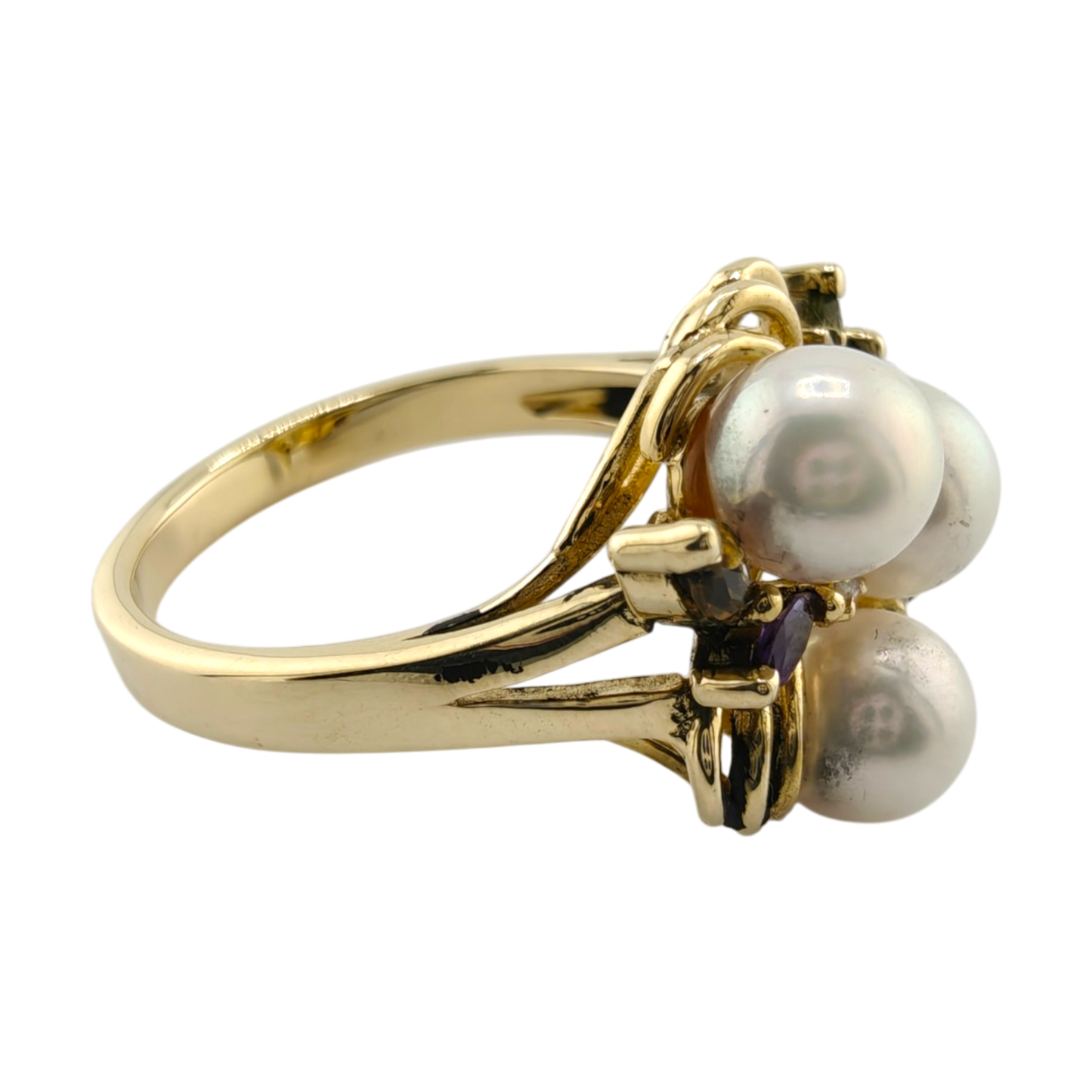 14k Yellow Gold Cocktail Ring with Diamonds, Marquise Stones, and Pearls