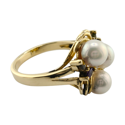 14k Yellow Gold Cocktail Ring with Diamonds, Marquise Stones, and Pearls