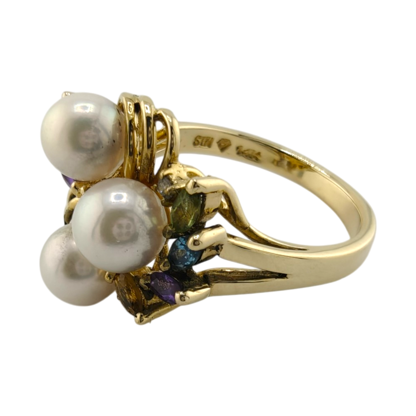 14k Yellow Gold Cocktail Ring with Diamonds, Marquise Stones, and Pearls