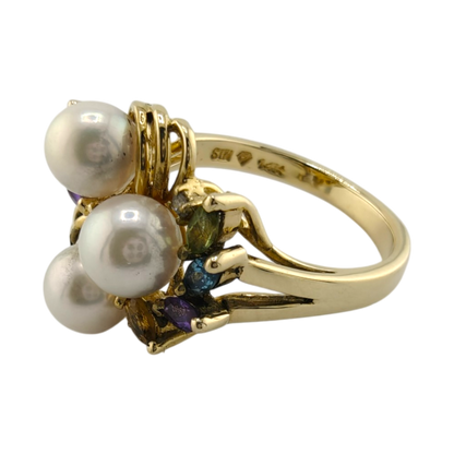 14k Yellow Gold Cocktail Ring with Diamonds, Marquise Stones, and Pearls
