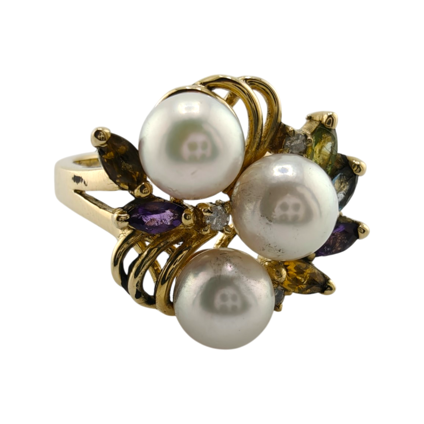14k Yellow Gold Cocktail Ring with Diamonds, Marquise Stones, and Pearls