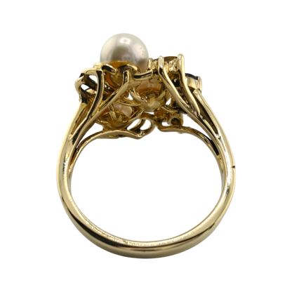 14k Yellow Gold Cocktail Ring with Diamonds, Marquise Stones, and Pearls