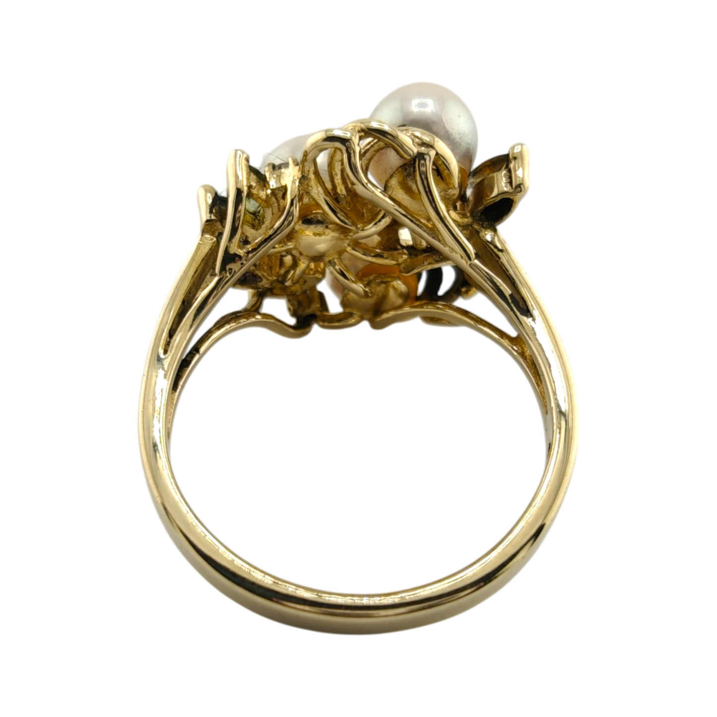 14k Yellow Gold Cocktail Ring with Diamonds, Marquise Stones, and Pearls