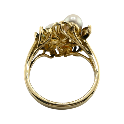 14k Yellow Gold Cocktail Ring with Diamonds, Marquise Stones, and Pearls